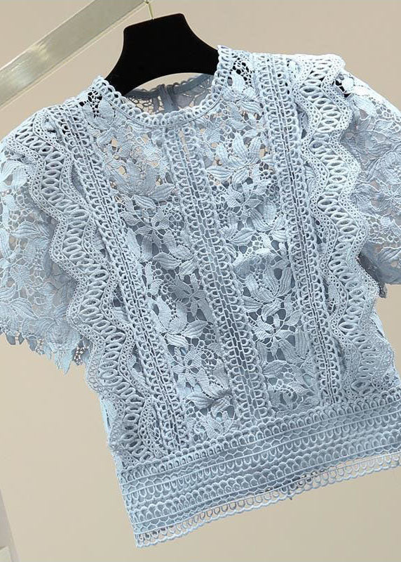 Blue Patchwork Lace Blouse Top O Neck Summer - Omychic