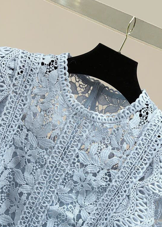 Blue Patchwork Lace Blouse Top O Neck Summer - Omychic