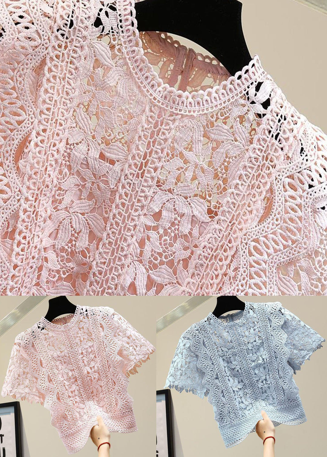 Blue Patchwork Lace Blouse Top O Neck Summer - Omychic