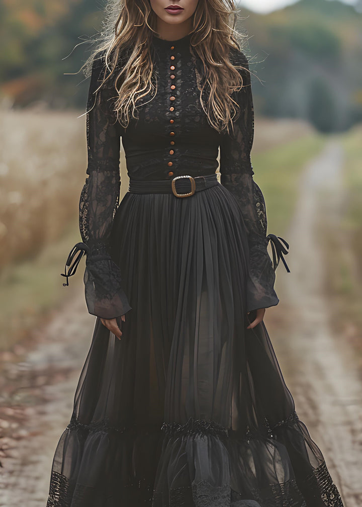 Bohemian Black Lace Patchwork Wrinkled Cotton Maxi Dresses Spring