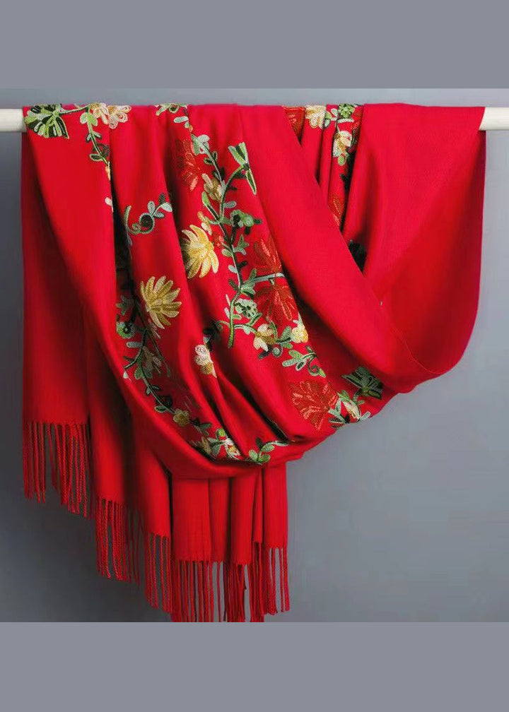 Bohemian Pink Tasseled Embroidered Faux Cashmere Scarf