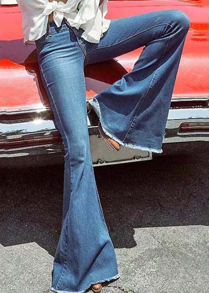 Boho Blue High Waist Slim Fit Denim Flared Trousers Summer - Omychic