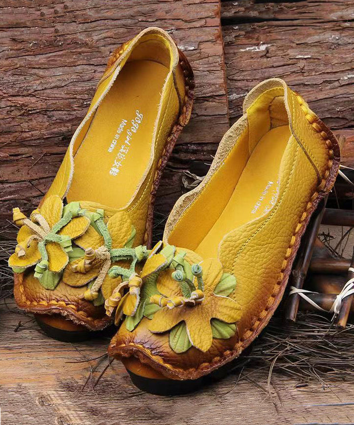 Boho Retro Splicing Flats Yellow Faux Leather Floral soolinen shoes-2026