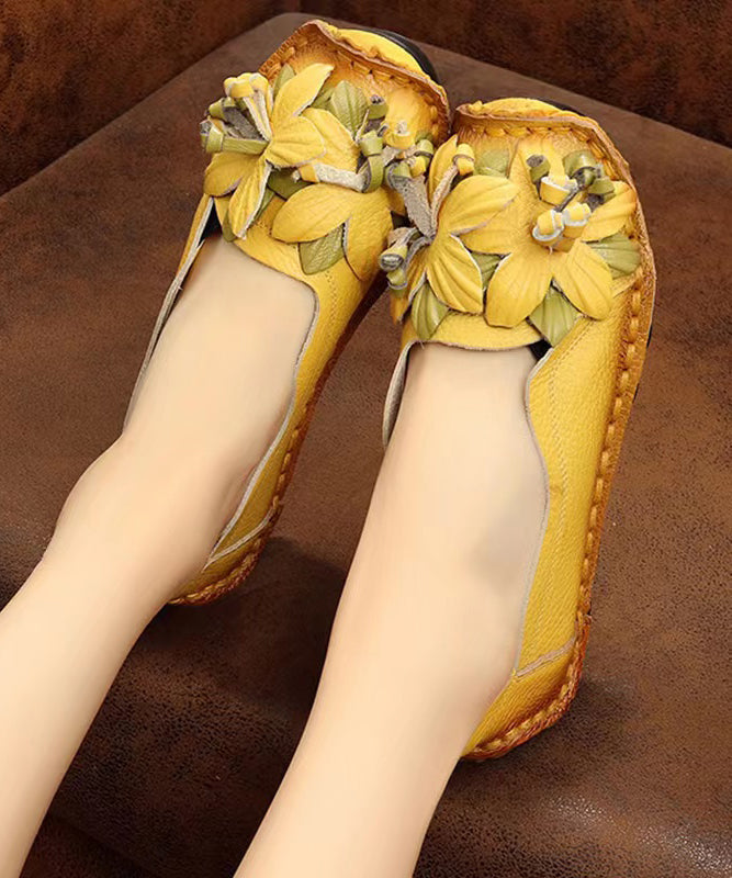 Boho Retro Splicing Flats Yellow Faux Leather Floral soolinen shoes-2026