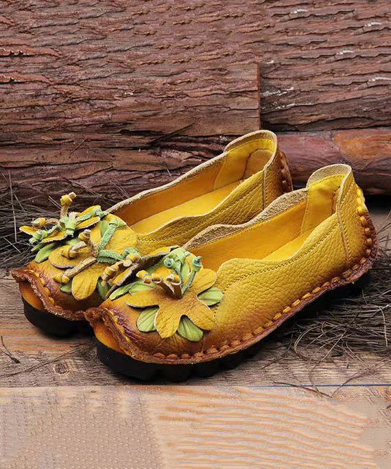 Boho Retro Splicing Flats Yellow Faux Leather Floral soolinen shoes-2026