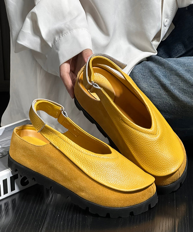 Boho Splicing Platform Flats Yellow Cowhide Leather - Omychic