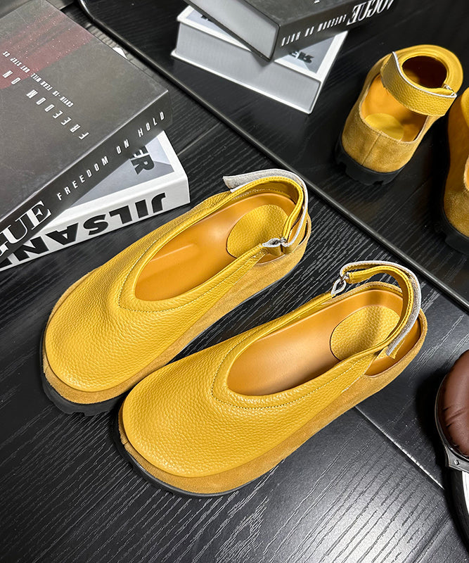 Boho Splicing Platform Flats Yellow Cowhide Leather - Omychic