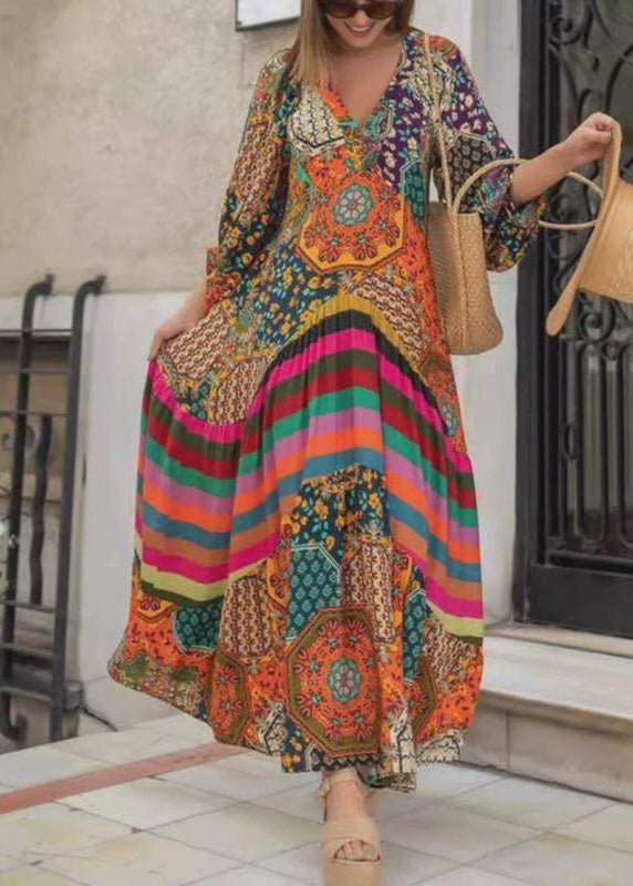 Boho V Neck Print Wrinkled Cotton Long Dress Spring - Omychic