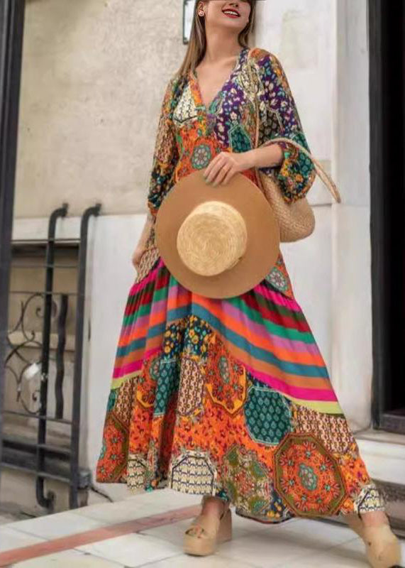 Boho V Neck Print Wrinkled Cotton Long Dress Spring - Omychic