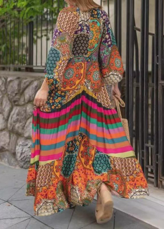 Boho V Neck Print Wrinkled Cotton Long Dress Spring - Omychic