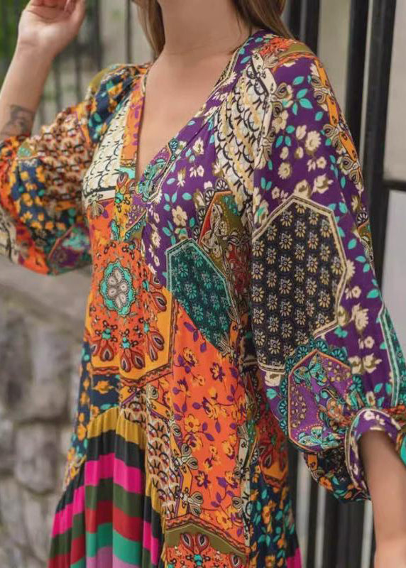 Boho V Neck Print Wrinkled Cotton Long Dress Spring - Omychic