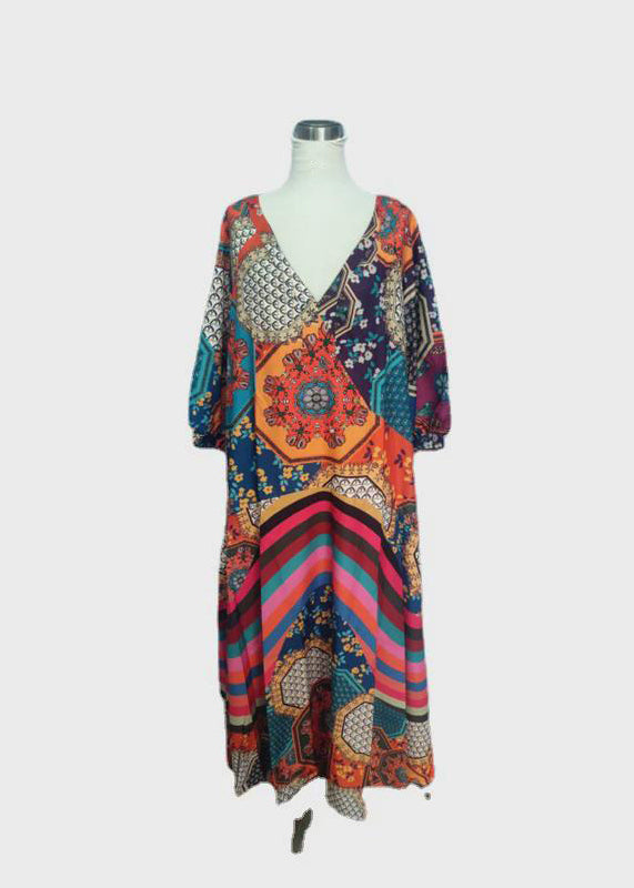 Boho V Neck Print Wrinkled Cotton Long Dress Spring - Omychic