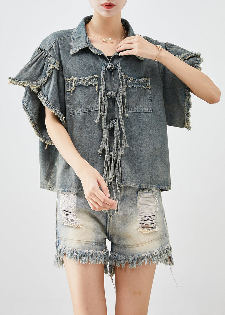 Boutique Blue Grey Chinese Button Denim Shirt Top Butterfly Sleeve - Omychic