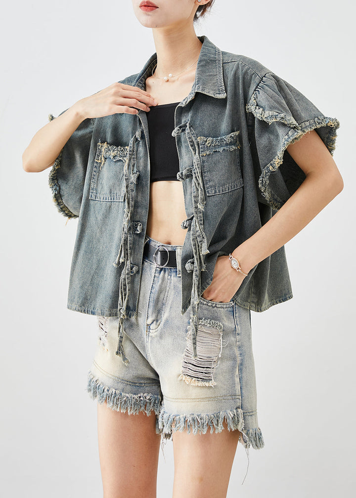 Boutique Blue Grey Chinese Button Denim Shirt Top Butterfly Sleeve - Omychic