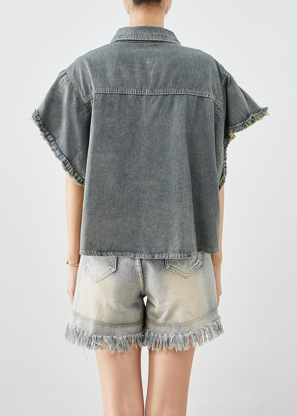 Boutique Blue Grey Chinese Button Denim Shirt Top Butterfly Sleeve - Omychic