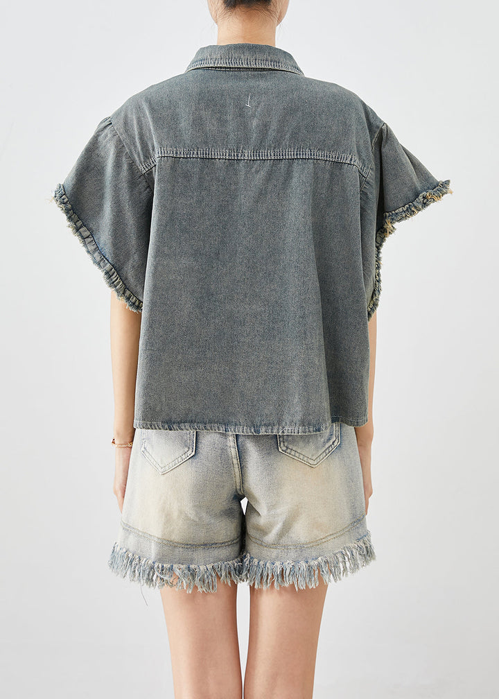 Boutique Blue Grey Chinese Button Denim Shirt Top Butterfly Sleeve - Omychic