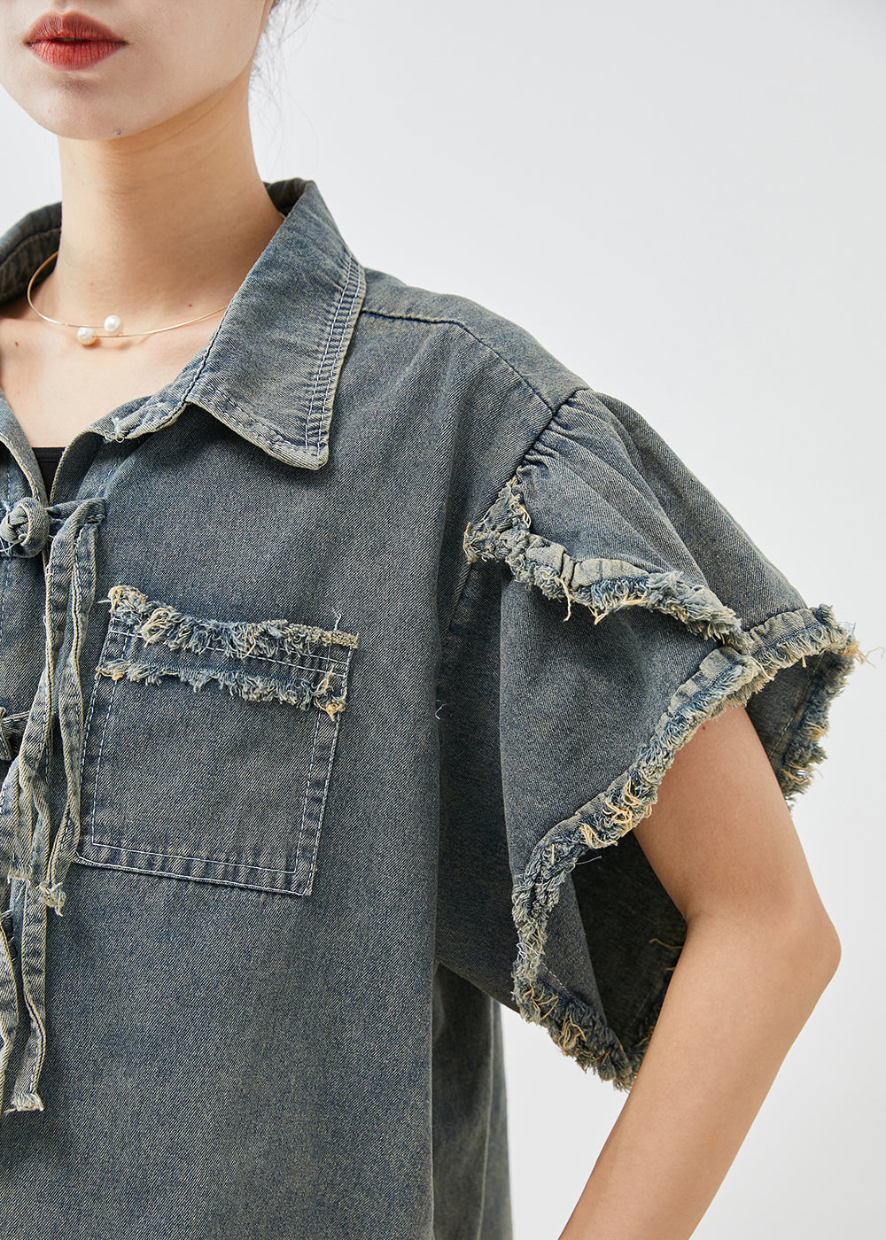 Boutique Blue Grey Chinese Button Denim Shirt Top Butterfly Sleeve - Omychic