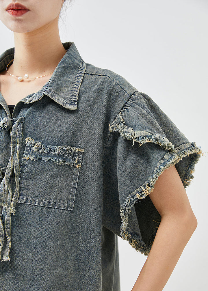 Boutique Blue Grey Chinese Button Denim Shirt Top Butterfly Sleeve - Omychic