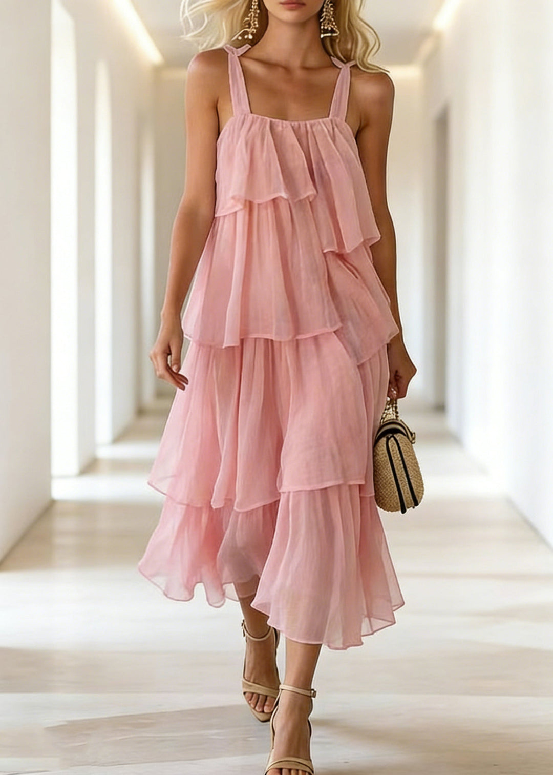 Boutique Pink Ruffles Layered Cotton Cami Dress Summer - Omychic