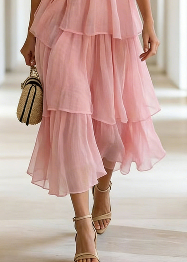Boutique Pink Ruffles Layered Cotton Cami Dress Summer - Omychic