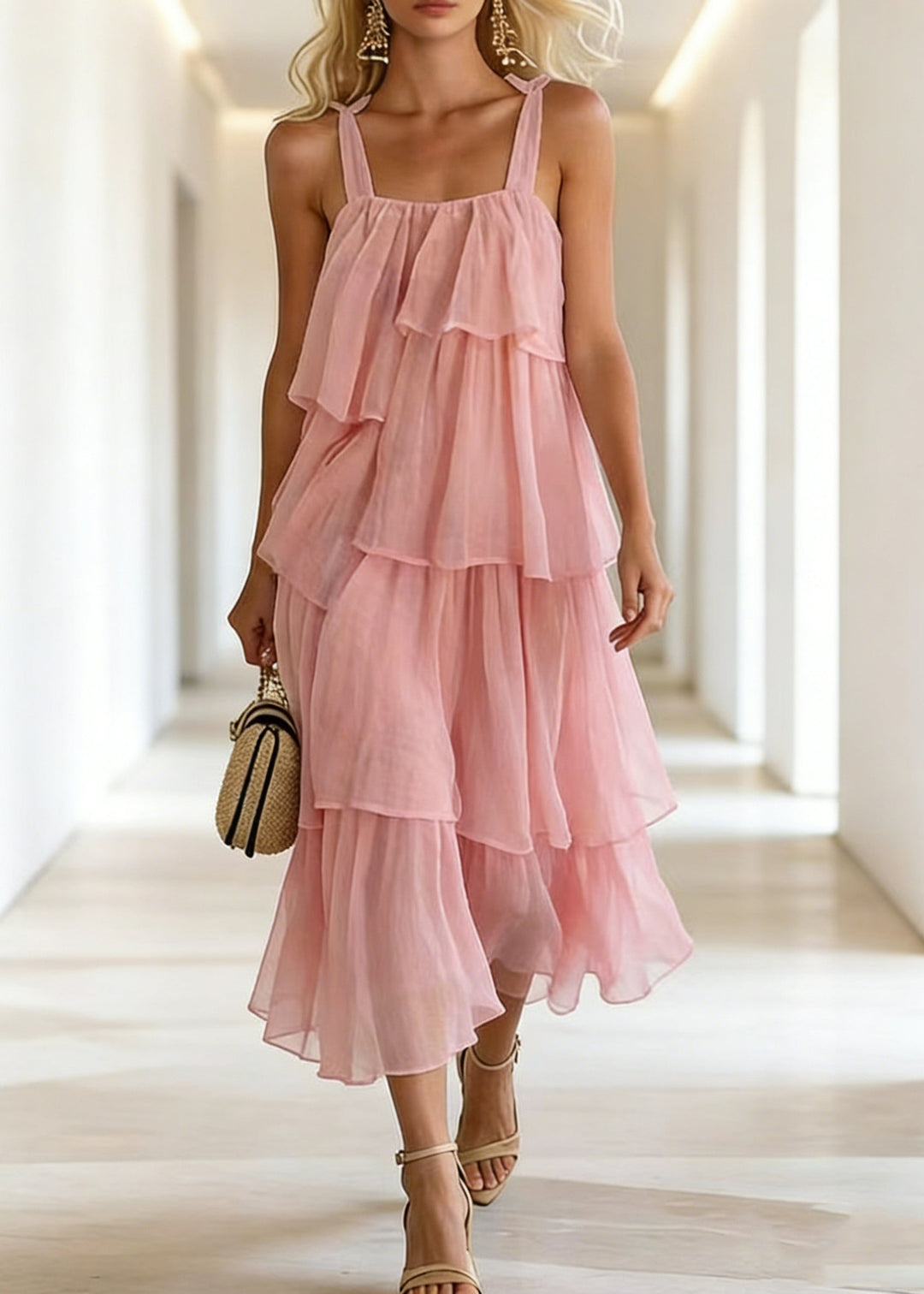 Boutique Pink Ruffles Layered Cotton Cami Dress Summer - Omychic