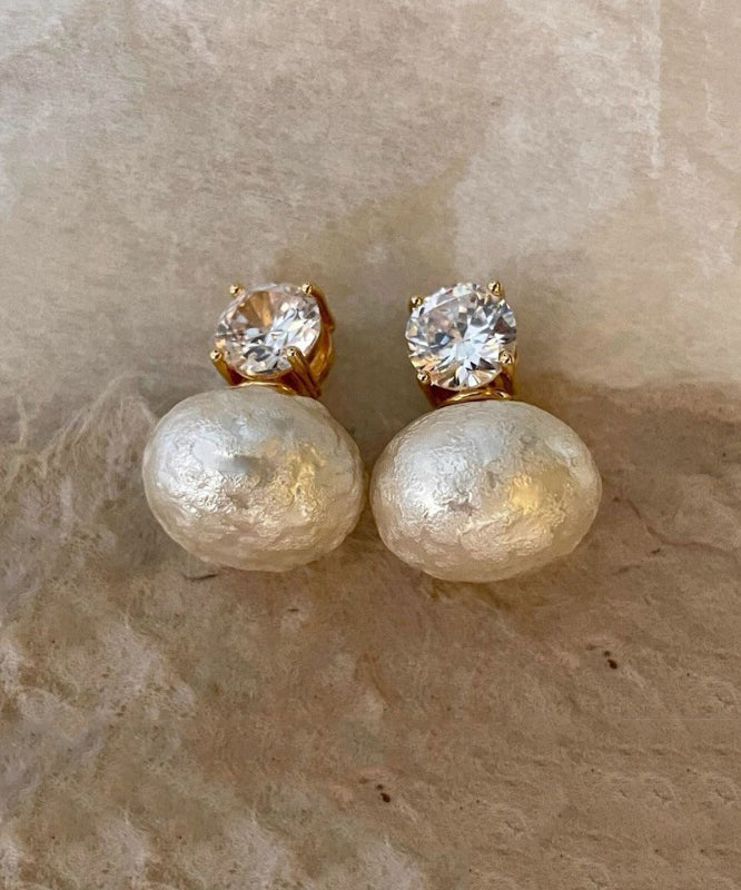 Brief Gold Copper Alloy Zircon Cotton Pearl Stud Earrings - Omychic