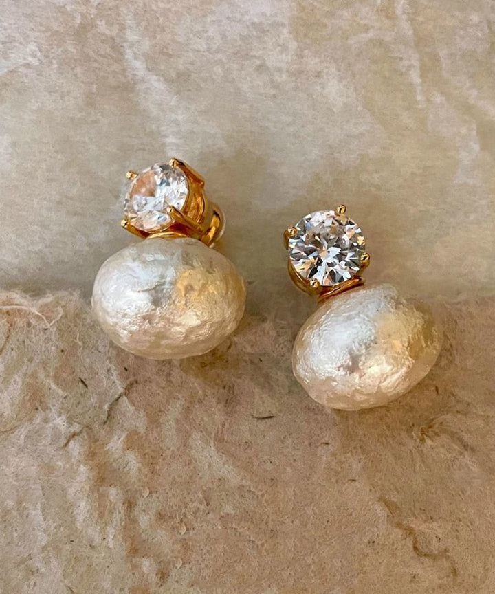 Brief Gold Copper Alloy Zircon Cotton Pearl Stud Earrings - Omychic