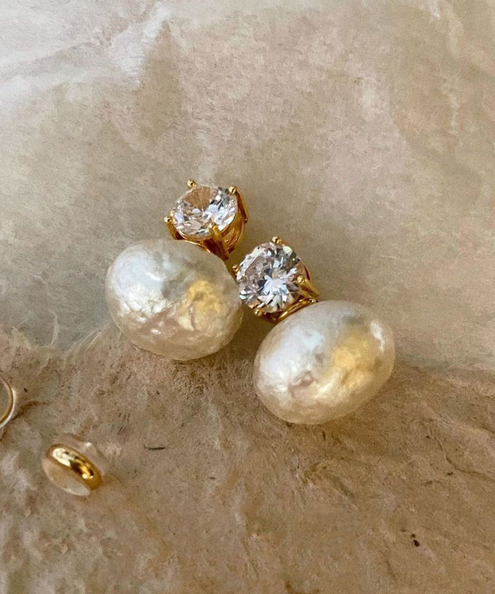 Brief Gold Copper Alloy Zircon Cotton Pearl Stud Earrings - Omychic