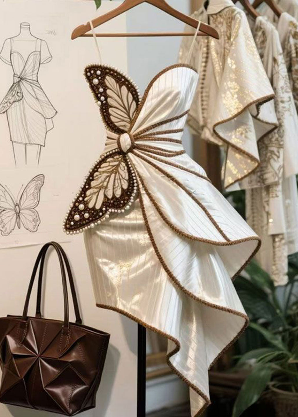 Butterfly Decoration Nail Bead Asymmetrical Dress Design 2025 New - Omychic