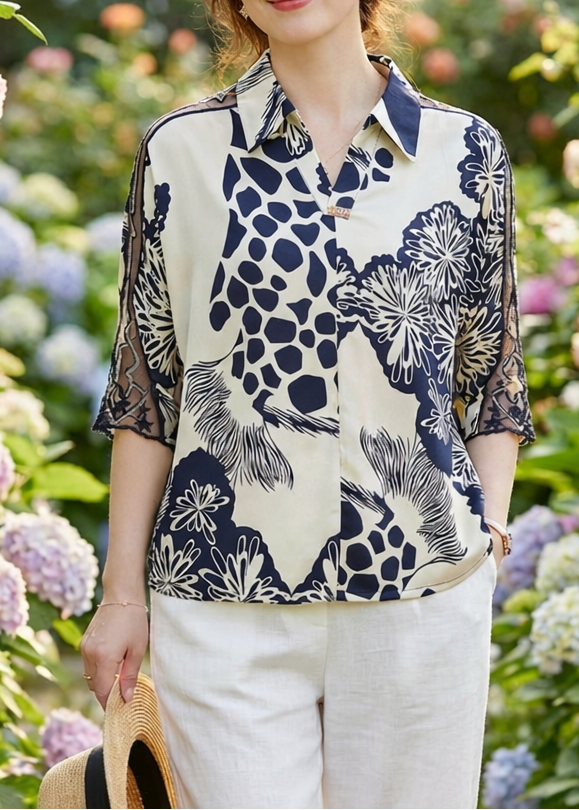 Loose Navy Peter Pan Collar Print Chiffon Blouses Bracelet Sleeve