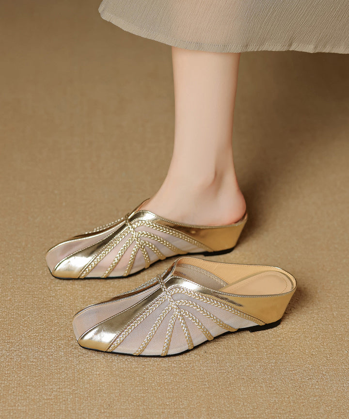 Chic Tulle Splicing Wedge Slide Sandals Gold Cowhide Leather - Omychic