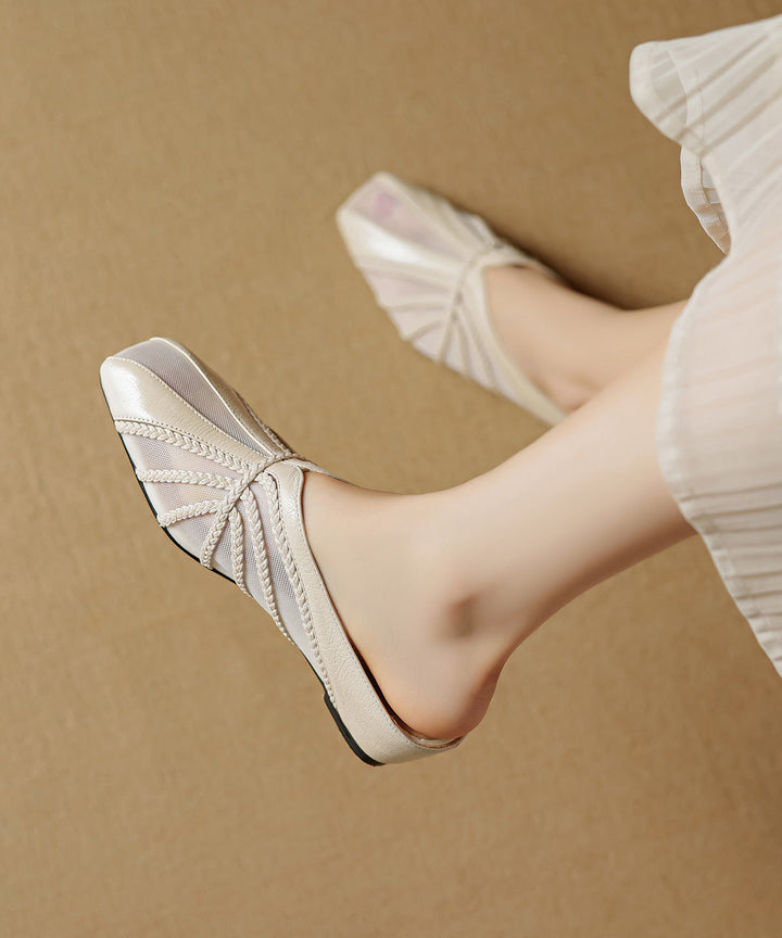 Chic Tulle Splicing Wedge Slide Sandals Gold Cowhide Leather - Omychic
