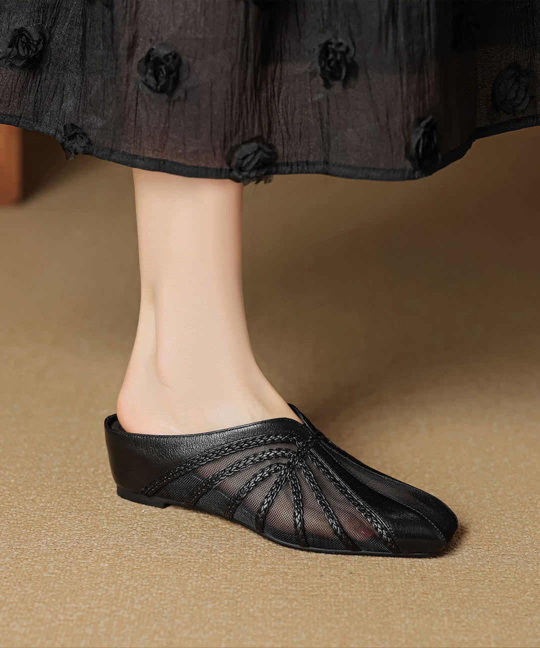 Chic Tulle Splicing Wedge Slide Sandals Gold Cowhide Leather - Omychic