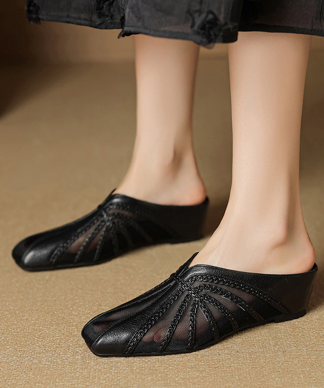 Chic Tulle Splicing Wedge Slide Sandals Gold Cowhide Leather - Omychic