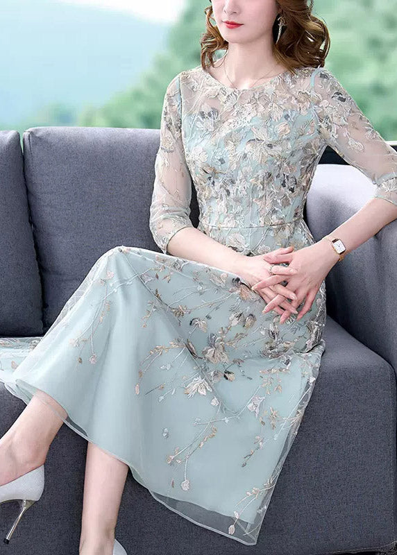 Chic Water Blue O-Neck Embroidered Floral Tunic Organza Long Dress Half Sleeve - Omychic