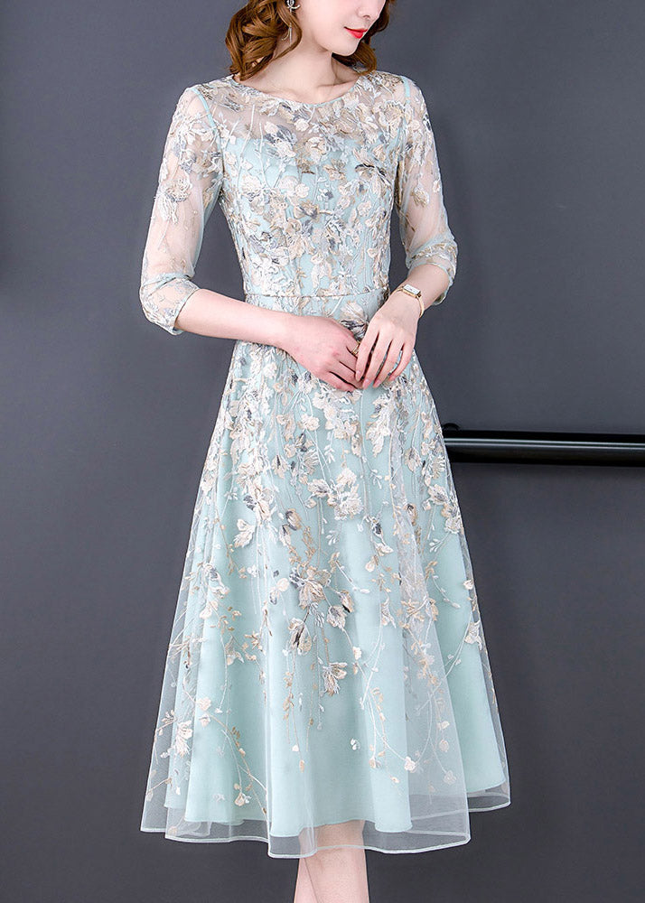 Chic Water Blue O-Neck Embroidered Floral Tunic Organza Long Dress Half Sleeve - Omychic
