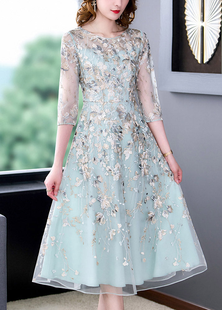Chic Water Blue O-Neck Embroidered Floral Tunic Organza Long Dress Half Sleeve - Omychic