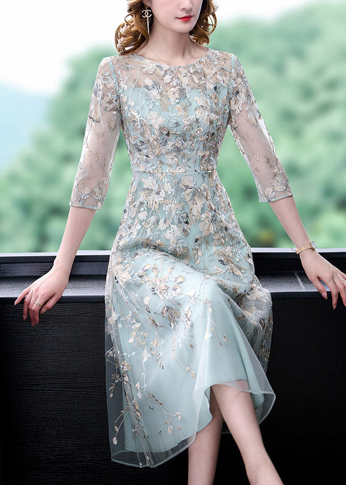 Chic Water Blue O-Neck Embroidered Floral Tunic Organza Long Dress Half Sleeve - Omychic