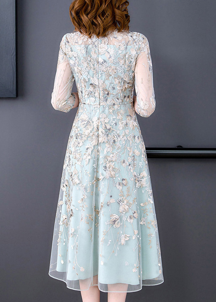 Chic Water Blue O-Neck Embroidered Floral Tunic Organza Long Dress Half Sleeve - Omychic
