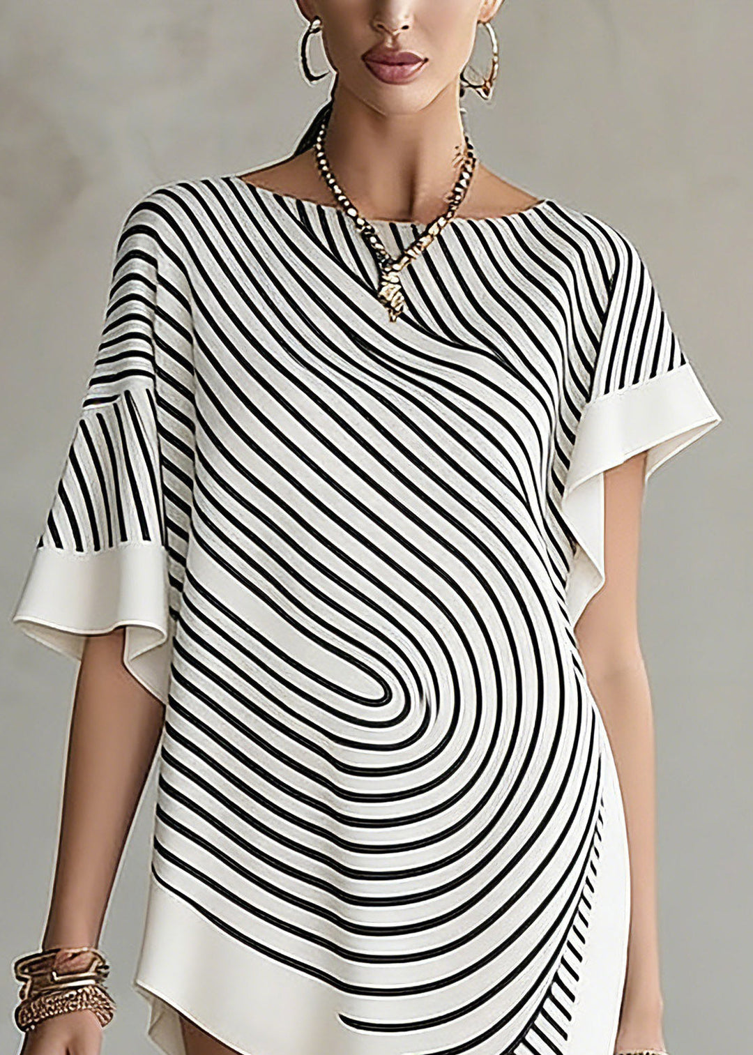 Chic White Asymmetrical Striped T Shirts Short Sleeve