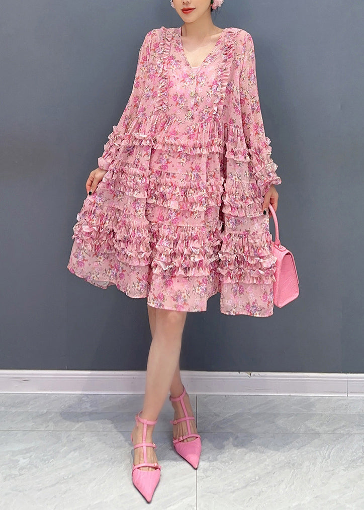 Cute Pink V Neck Ruffled Patchwork Print Chiffon Mid Dress Long Sleeve - Omychic