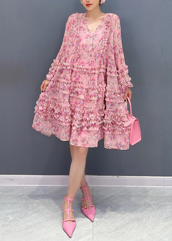 Cute Pink V Neck Ruffled Patchwork Print Chiffon Mid Dress Long Sleeve - Omychic