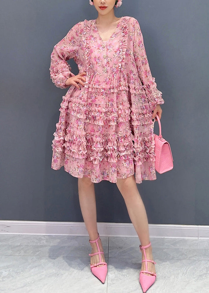 Cute Pink V Neck Ruffled Patchwork Print Chiffon Mid Dress Long Sleeve - Omychic