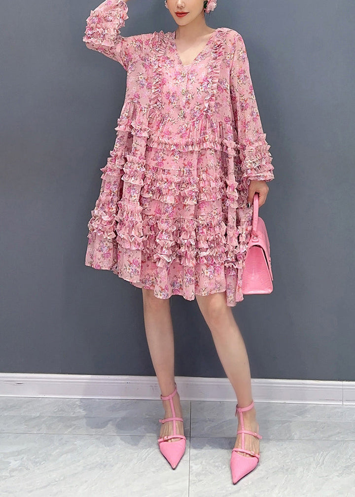 Cute Pink V Neck Ruffled Patchwork Print Chiffon Mid Dress Long Sleeve - Omychic