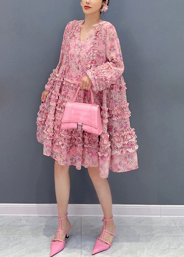 Cute Pink V Neck Ruffled Patchwork Print Chiffon Mid Dress Long Sleeve - Omychic