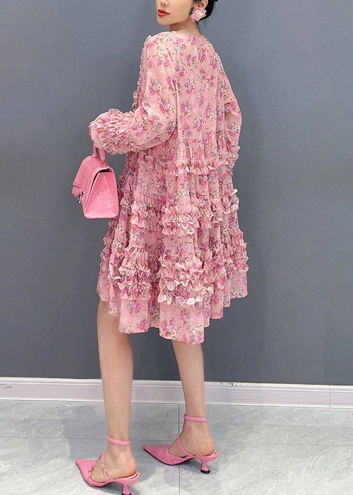 Cute Pink V Neck Ruffled Patchwork Print Chiffon Mid Dress Long Sleeve - Omychic