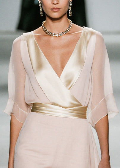 Elegant Apricot V Neck Patchwork Chiffon Work Dress Summer - Omychic