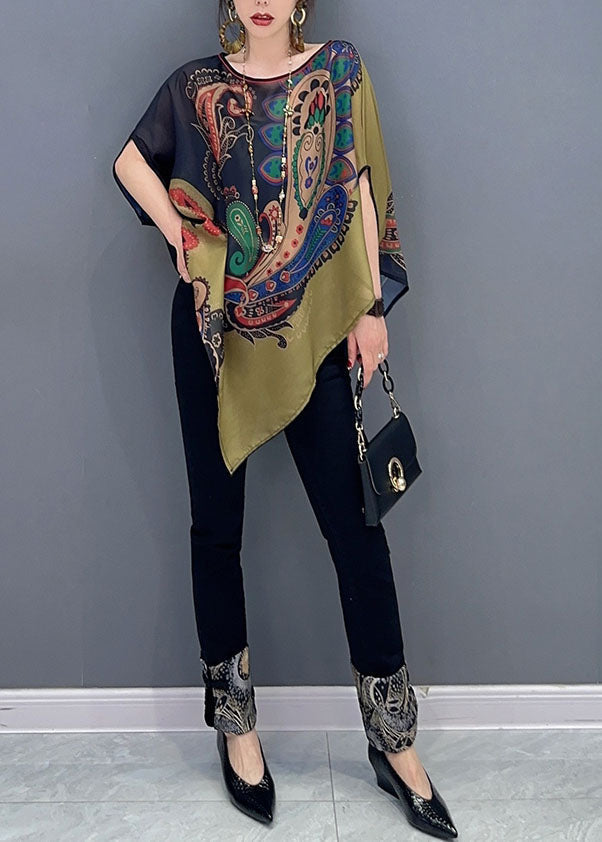 Elegant Colorblock Asymmetrical Print Chiffon Top Batwing Sleeve - Omychic