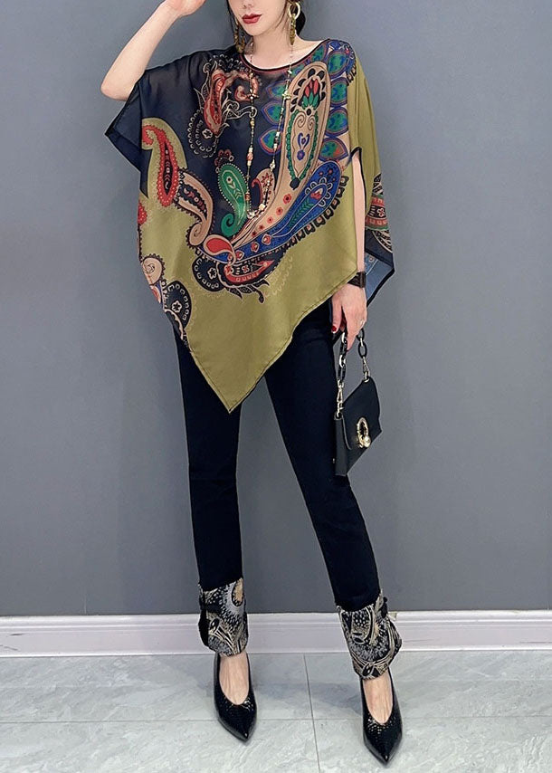 Elegant Colorblock Asymmetrical Print Chiffon Top Batwing Sleeve - Omychic