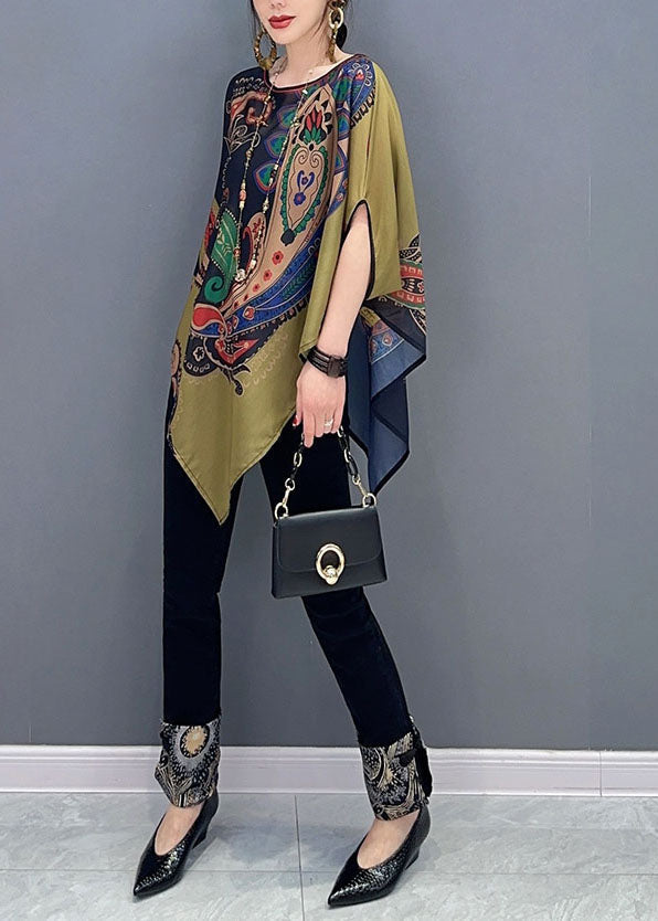 Elegant Colorblock Asymmetrical Print Chiffon Top Batwing Sleeve - Omychic